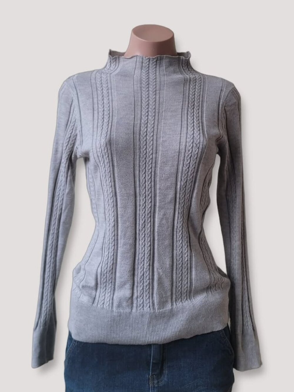 Cleo Mock Neck Rope Pattern Slim Gray Knit Sweater XS
